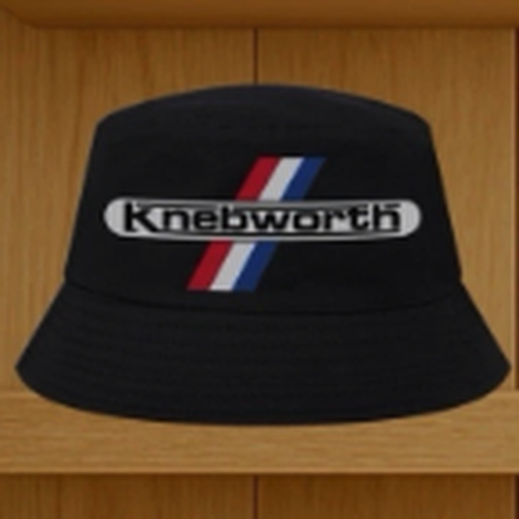 Black bucket hat with embroidered Knebworth logo and red, white and blue stripe