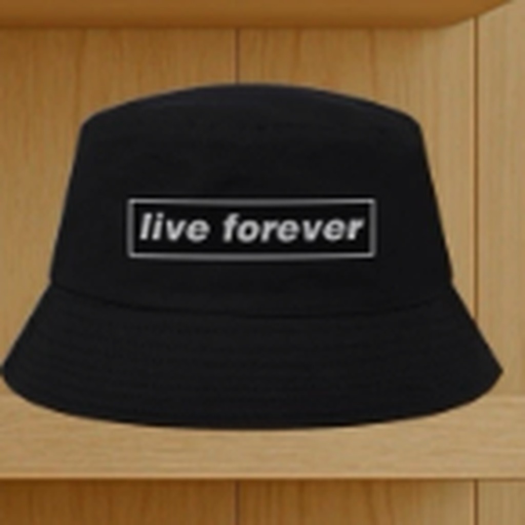 Black bucket hat with a Live Forever badge print