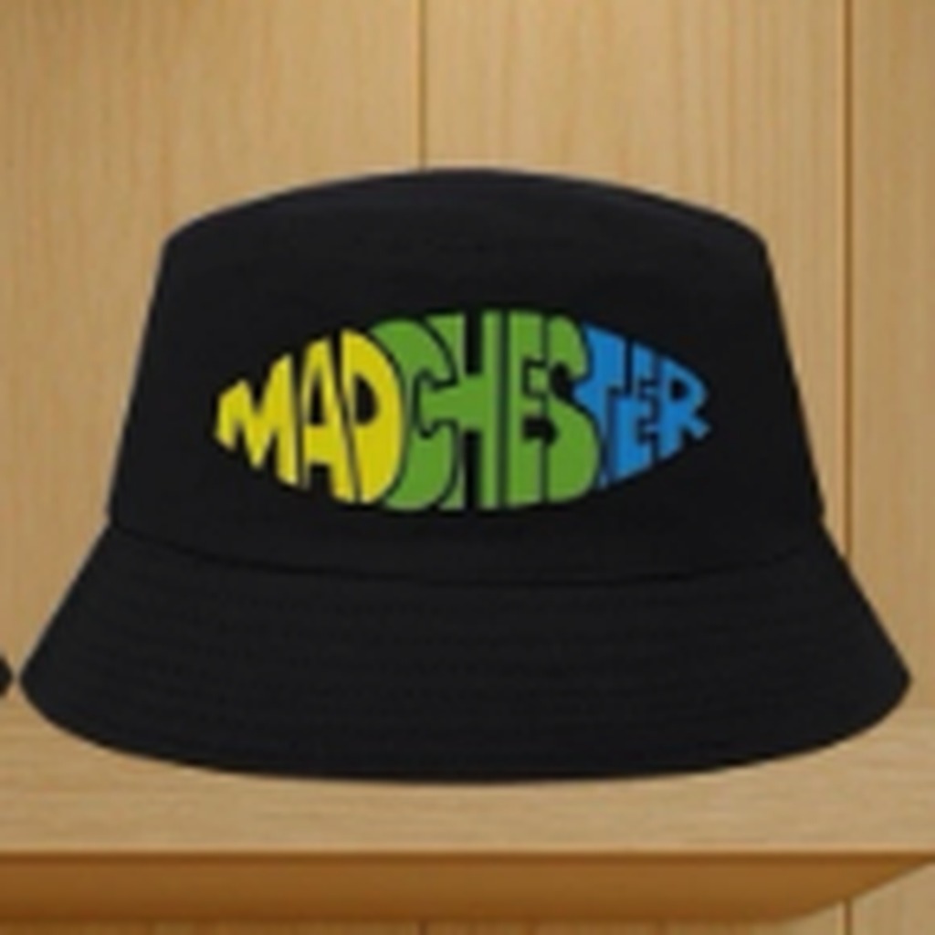 Black bucket hat with colourful Madchester lettering