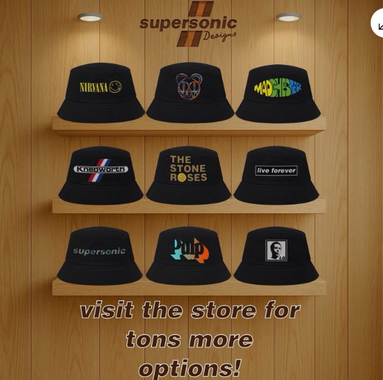 Wooden shelf display of black Supersonic Designs bucket hats with Britpop band graphics