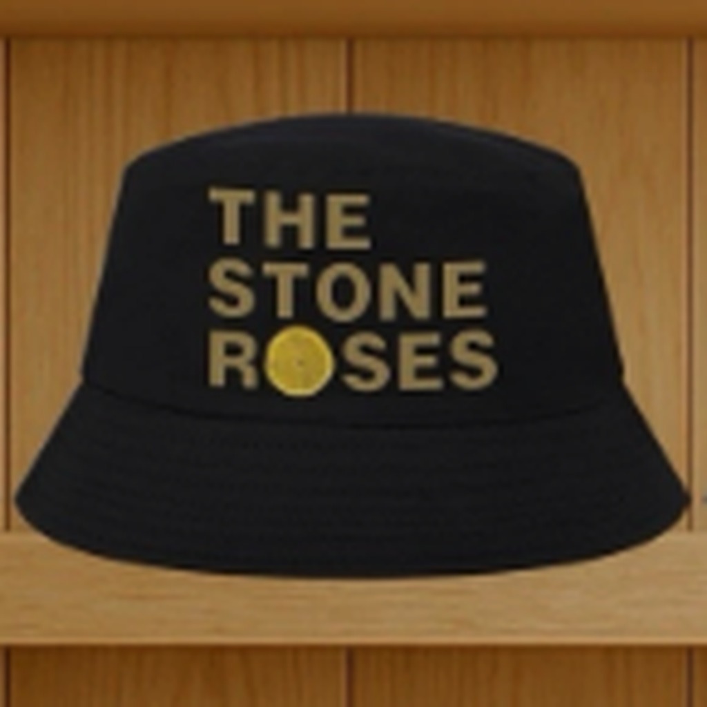 Black bucket hat with The Stone Roses lettering and lemon graphic
