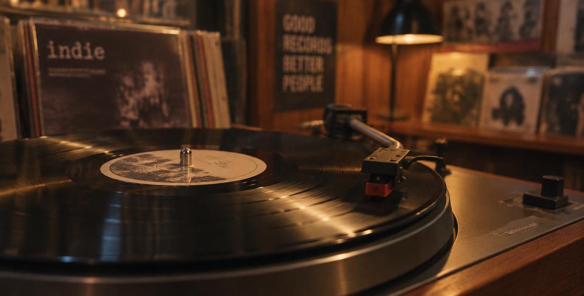Vintage record player spinning a vinyl with warm wood paneling in the background